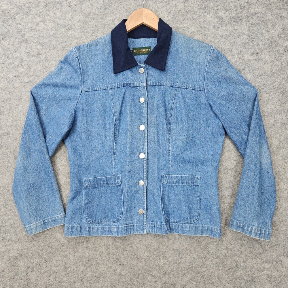 Hill Country Women's Blue Denim Jacket Size M Cotton Contrast Collar Vintage USA